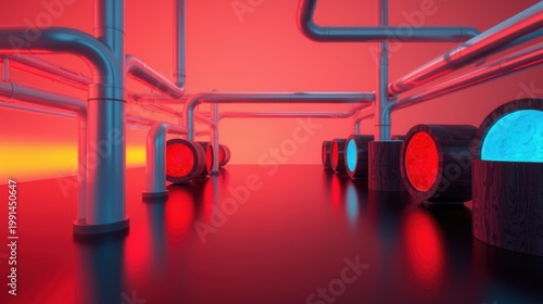 Abstract corridor features cylindrical structures, illuminated with vibrant red, blue hues. Metallic pipes create complex network within dark space.