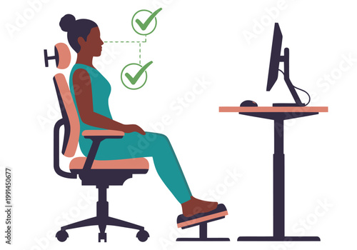 A professional woman demonstrates an ergonomic home office setup, showcasing proper posture and screen positioning for optimal comfort and productivity. Clean, modern design.