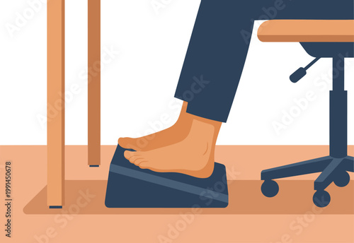 A professional adjusts their posture with a footrest at their desk. Modern office setting, emphasizing ergonomic safety and well-being. Clean, graphic style.