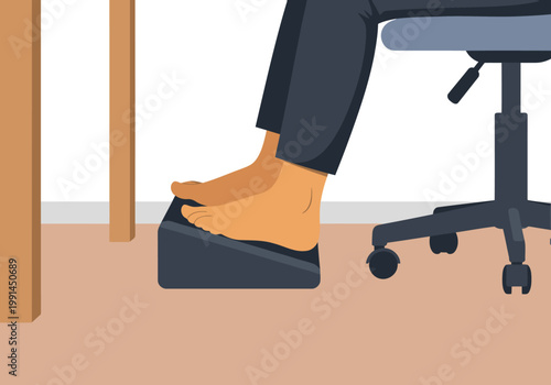 A professional adjusts their foot position on a footrest while seated at a desk. Focus on ergonomic posture and workspace comfort. Clean, modern style.
