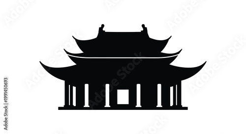 Black silhouette of a traditional east asian tiered temple building