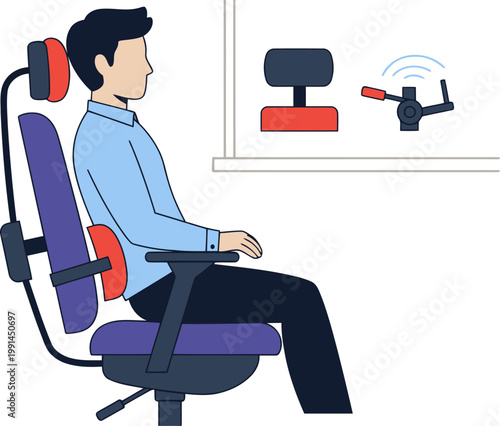 A young professional sits in an ergonomic chair, demonstrating proper posture. A diagram illustrates chair adjustments for optimal comfort and support. Modern, clean workspace.
