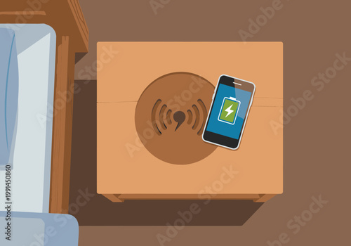 A stylish wooden nightstand features wireless charging for a smartphone. Modern, clean design with a subtle charging icon. Perfect for showcasing smart furniture.