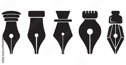 Vintage fountain pen nibs collection, black ink pen tip icons set, 5 classic calligraphy nib vectors for writing and drawing logos