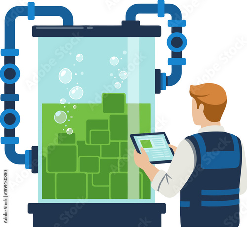 A technician monitors an algae bioreactor, showcasing sustainable technology. Modern lab setting with digital tablet. Clean, bright, and professional.