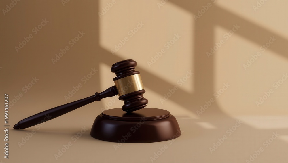 Fototapeta premium Escena de tribunal usando mazo de madera en una subasta judicial simbolizando justicia, castigo y autoridad en un caso de crimen y divorcio