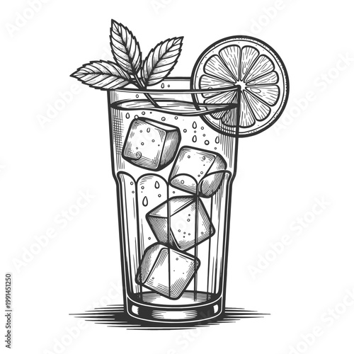 cold refreshing drink with ice cubes, lemon slice, and mint leaves, ideal for summer beverage concepts sketch engraving generative ai vector illustration. Scratch board imitation. Black and white.