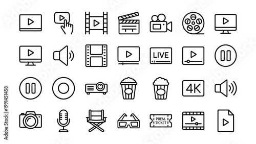 Set of hand drawn movie and media icons with film reel illustration projector streaming recording microphone clapperboard