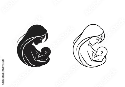 Breastfeeding Mother and Baby Silhouette Icon Set - Nursing Mom Minimalist Logo Design - Motherhood and Infant Care Illustration