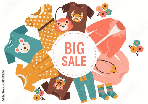 Big Sale Promotional Banner with Children's Clothing Collection, Cute Kids Apparel, Dresses, and Outfits Illustration for Retail and E-commerce