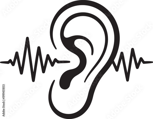 Human ear silhouette with sound wave frequency lines on a clean white background hearing