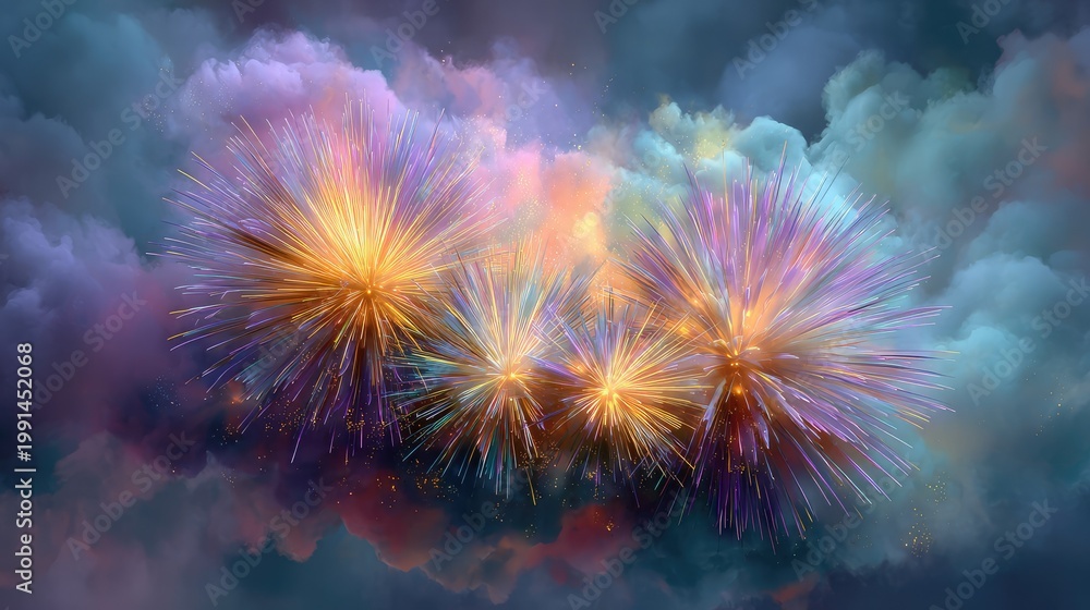 Fototapeta premium Vibrant Colorful Fireworks Bursting Above a Dreamy Cloudy Sky at Night Celebrating Joyous Occasions with Splashes of Light and Color in Nature's Display