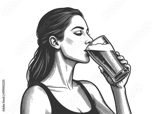 woman in profile enjoying a glass of beer, refreshment, relaxation, and beverage lifestyle concept sketch engraving generative ai vector illustration. Scratch board imitation. Black and white image.