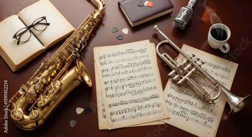 Saxophone and Sheet Music on Wooden Desk Top View