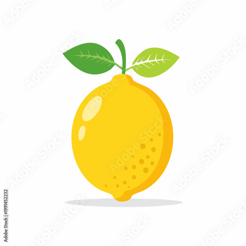 Stylized Yellow Lemon with Green Leaves and Shadow