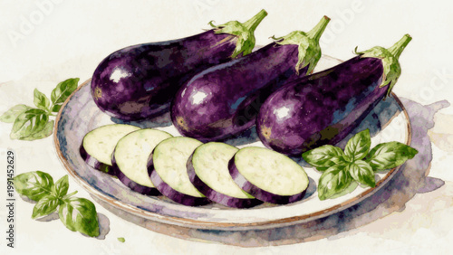 Organic Purple Eggplants and Basil isolated watercolor vector illustration svg