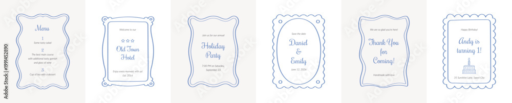 Naklejka premium Set of six unique hand drawn rectangular frames with whimsical wavy borders