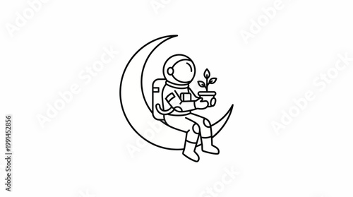 Astronaut sitting on crescent moon holds plant in space environment with simple line art style and euphoric feeling.