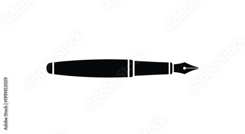 A black fountain pen design is prominently displayed as a stark silhouette