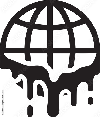A stark black and white graphic depicts a melting globe symbolizing environmental decline