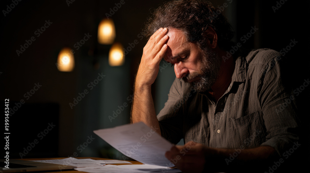 Obraz premium Stressed man reviewing bills experiencing financial problems