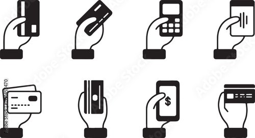 Hands interacting with various credit cards and digital devices highlight the transition toward modern payment methods and the convenience of rapid, secure transactions in retail environments.