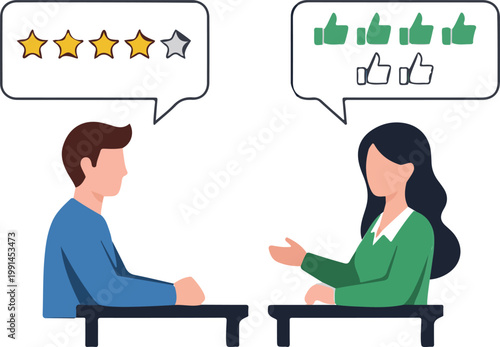Two business people sitting at a table discussing customer service ratings and positive feedback using stars and thumbs up symbols