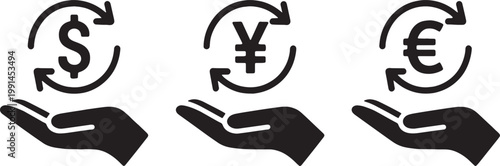 Currency symbols including dollar, yen, and euro are held in open hands to demonstrate global exchange rates, international financial transactions, and monetary investment capital management.