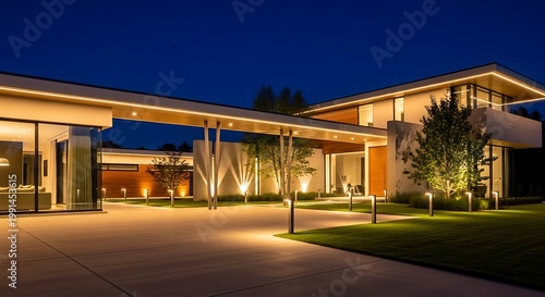 Modern luxury house at night illuminated driveway and architectural lighting contemporary residential real estate exterior
