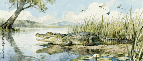 Waiting by the Shore Alligator by the Water isolated watercolor vector illustration svg