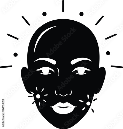 Black and white vector illustration, bald head with acne, facial skin problems, health issue, flat design