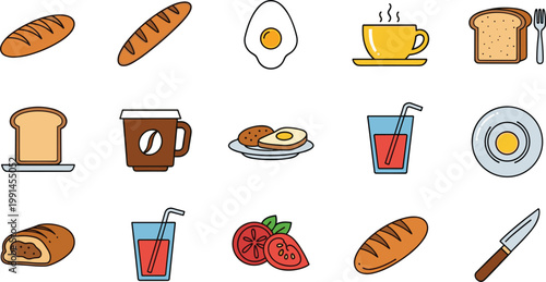Breakfast Food Vector Set Bread Egg Coffee Juice Icons