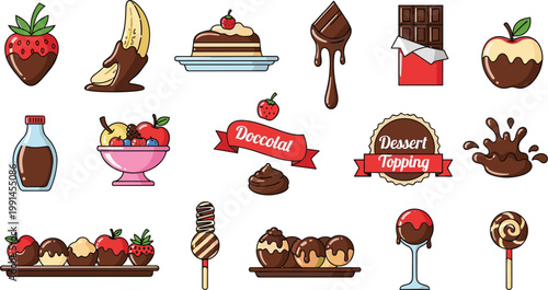 Chocolate Dipped Fruit and Sweet Dessert Vector Illustration Set