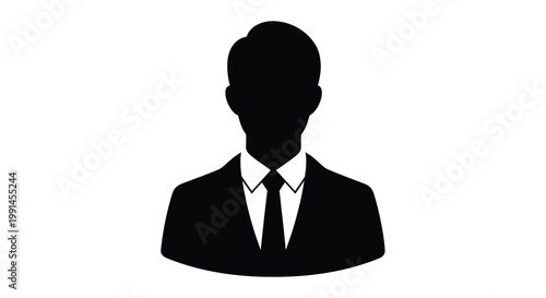 A formal business professional depicted in a striking black silhouette