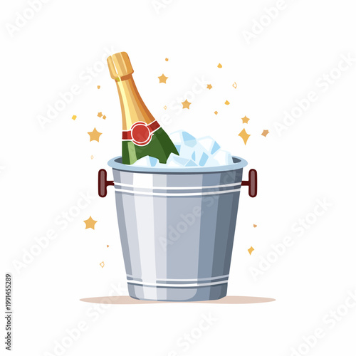 Champagne bottle in ice bucket with sparkling stars