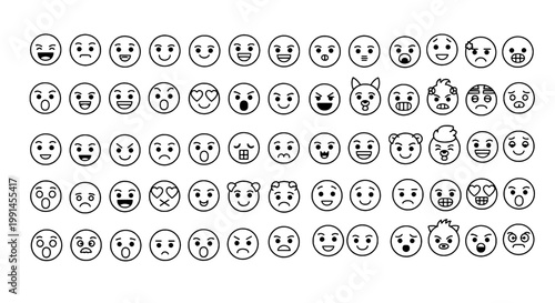 Emojis set with various facial expressions and emotions in black and white featuring happy, sad, angry with surprised and confused elements for