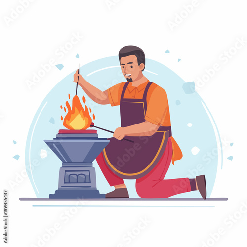 Blacksmith working at anvil with fire
