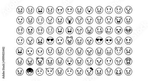 Smiley faces icon sheet with assorted expressions and simple line art, ideal for social media reactions and emotion communication