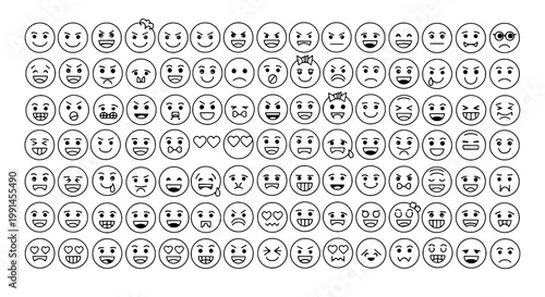 Emoticon faces set with smiley characters, hearts, winks, and gestures in doodle line style for fun communication icons