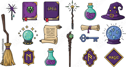 Magic Wizard Elements Vector Icon Set with Spell Book Crystal Ball and Wand