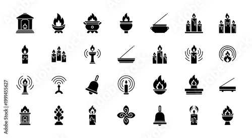 Candles and incense set with various designs and symbols featuring spiritual icons, meditation, worship with black and white and vector icons