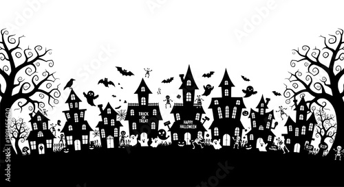 Houses Halloween village with bats and ghosts in black and white featuring haunted, spooky, eerie with night and graveyard elements for tombstones,