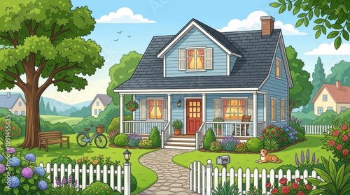 A cozy, quaint cottage with a white picket fence, a dog, a cat, and a bicycle in a lush, green garden with flowers and trees.