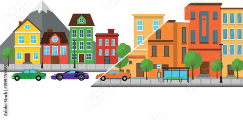Colorful Suburban and Urban Cityscape Vector Showing Houses, Cars, and Modern Buildings with Trees, Bus Stop, and Street Elements for Architecture and Landscape Design Projects