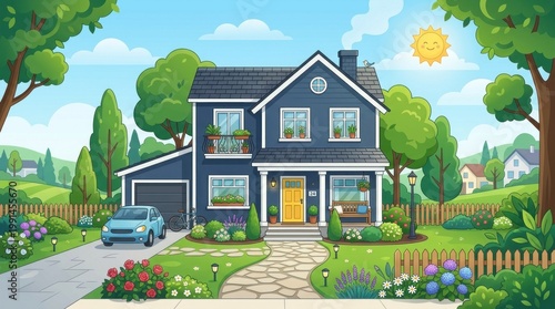 A cozy, blue house with a yellow door, surrounded by a lush green yard with a wooden fence, a car parked in the driveway, and a sunny sky with trees and bushes in the background.