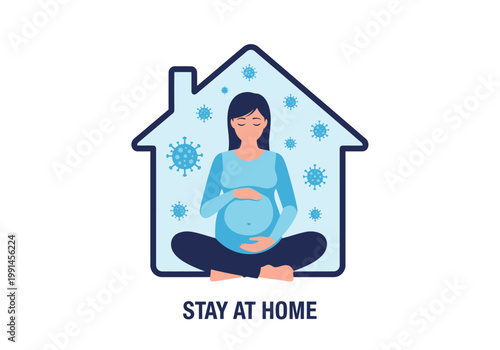 Pregnant Woman Sitting Inside House Outline with Virus Particles, Stay at Home Concept for Maternity Health Safety and Pandemic Prevention Illustration
