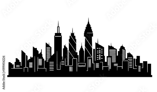 Contemporary modern city skyline black silhouette vector urban horizon illustration