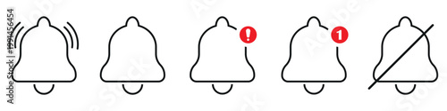 A modern collection of outline bell notification icons displaying various alert states and silent modes on a clean white background