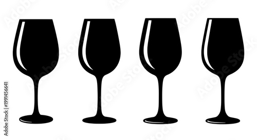 Wine glass icon set with bold silhouette, white background, minimalist drinkware illustration for menus and branding