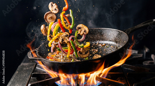 Fresh vegetable pieces being tossed and cooked in a hot frying pan.